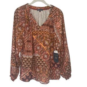 Democracy Blouse Long Blouson Sleeve Woven Top Womens PM Boho Print V-Neck